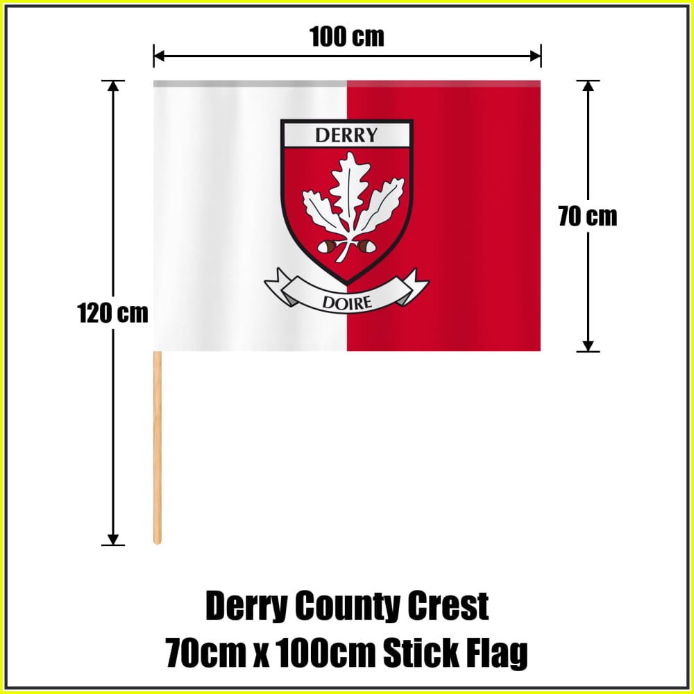 Derry county crest 70 × 100 cm stick flag in white and red, with a 120 cm wooden stick and dimension arrows.