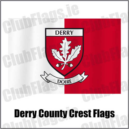 Derry county crest flag in white and red, with county name and crest.