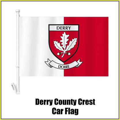 Derry county crest car flag in white and red, on a white plastic window mount.
