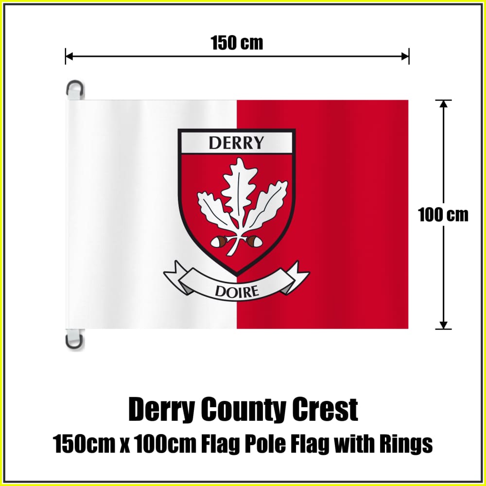 Derry county crest flag, 150 cm wide × 100 cm high, in white and red, with two dark attachment rings on white tabs and no pole.