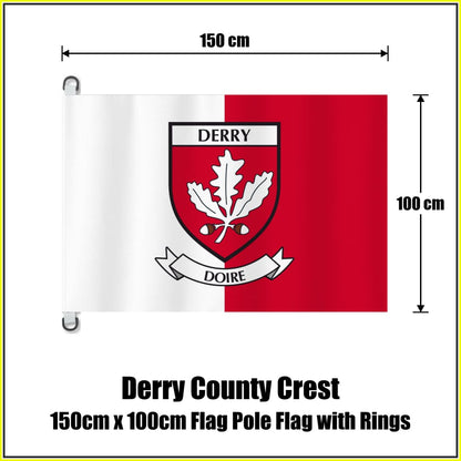 Derry county crest flag, 150 cm wide × 100 cm high, in white and red, with two dark attachment rings on white tabs and no pole.