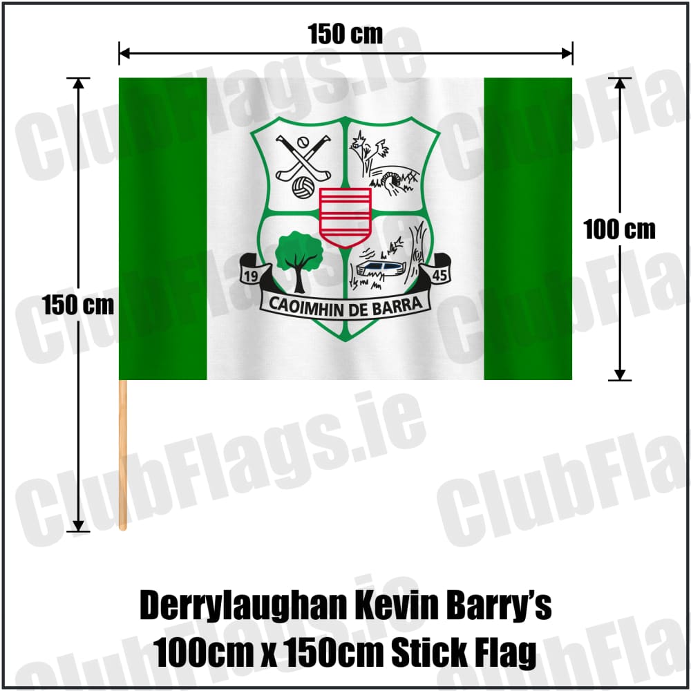 Derrylaughan Kevin Barry’s 100cm x 150cm Stick Flag in green and white, featuring the club crest on realistic fabric with gentle vertical folds; County Tyrone GAA. ClubFlags.ie.