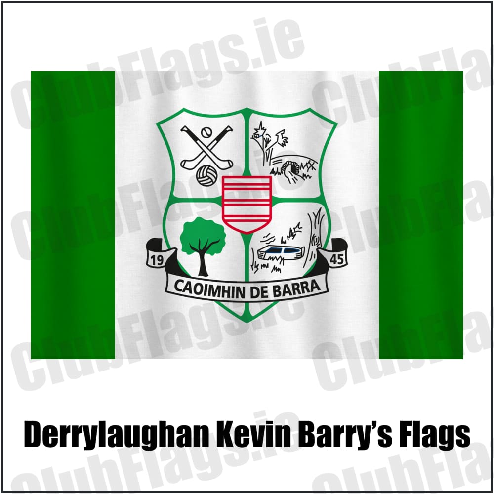 Derrylaughan Kevin Barry’s Flags in green and white, featuring the club crest on realistic fabric with gentle vertical folds; County Tyrone GAA. ClubFlags.ie.