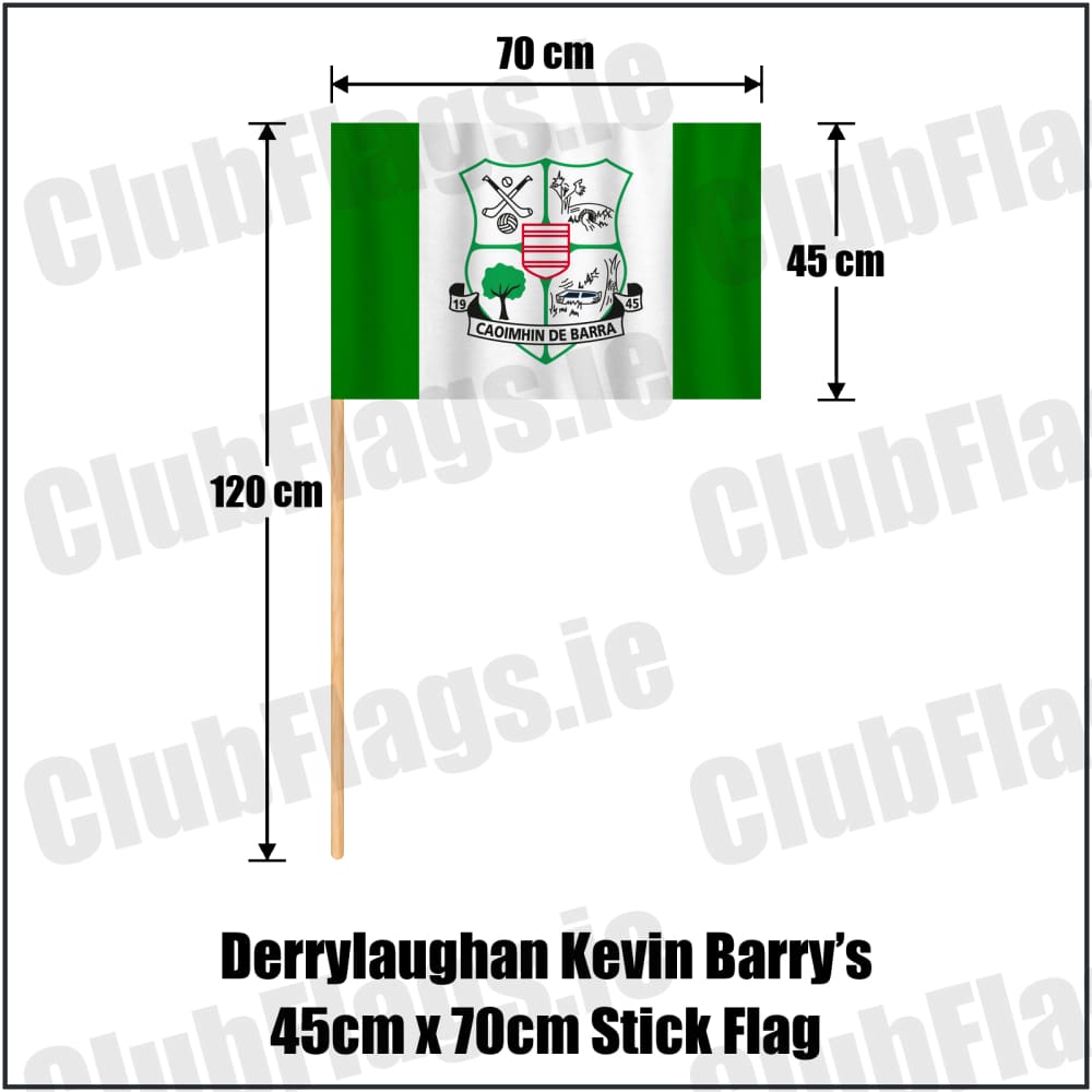 Derrylaughan Kevin Barry’s 45cm x 70cm Stick Flag in green and white, featuring the club crest on realistic fabric with gentle vertical folds; County Tyrone GAA. ClubFlags.ie.