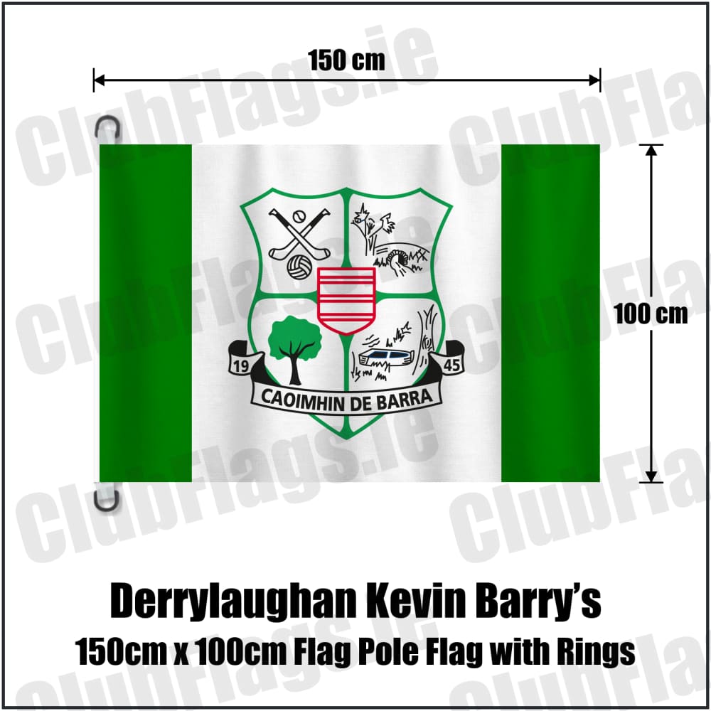 Derrylaughan Kevin Barry’s 150cm x 100cm Flag Pole Flag with Rings in green and white, featuring the club crest on realistic fabric with gentle vertical folds; County Tyrone GAA. ClubFlags.ie.