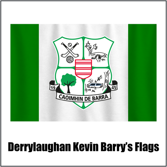 Derrylaughan Kevin Barry’s Flags, featuring the club crest and green and white colours; County Tyrone GAA. ClubFlags.ie.