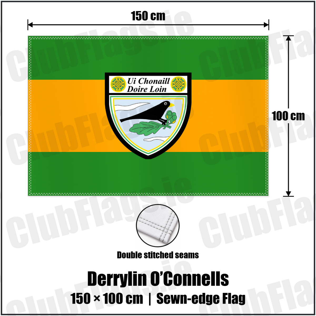 Derrylin O’Connells 100cm x 150cm Flag (sewn on the edges) with the club crest and colours, Fermanagh GAA - ClubFlags.ie