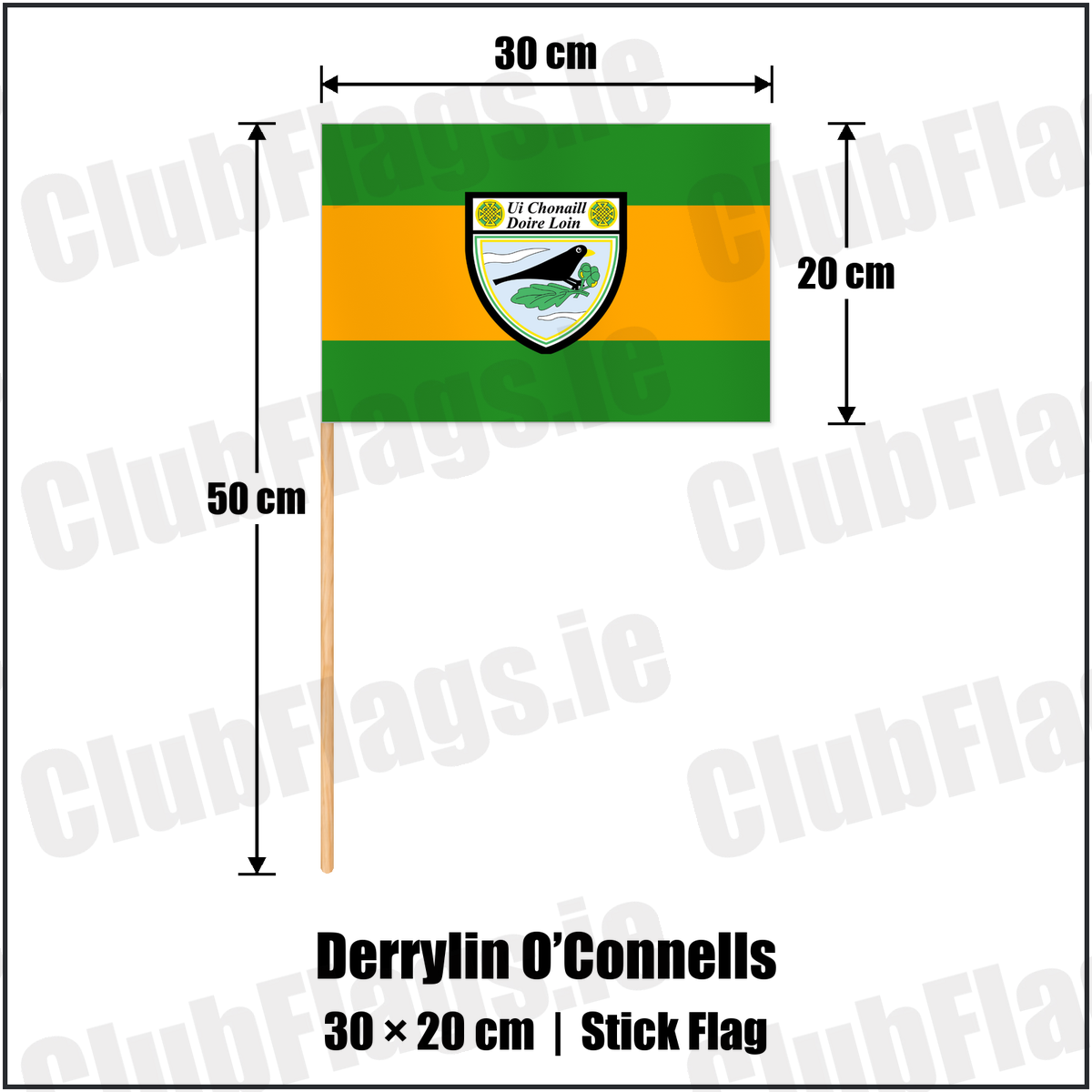 Derrylin O’Connells 20cm x 30cm Stick Flag with the club crest and colours, Fermanagh GAA - ClubFlags.ie