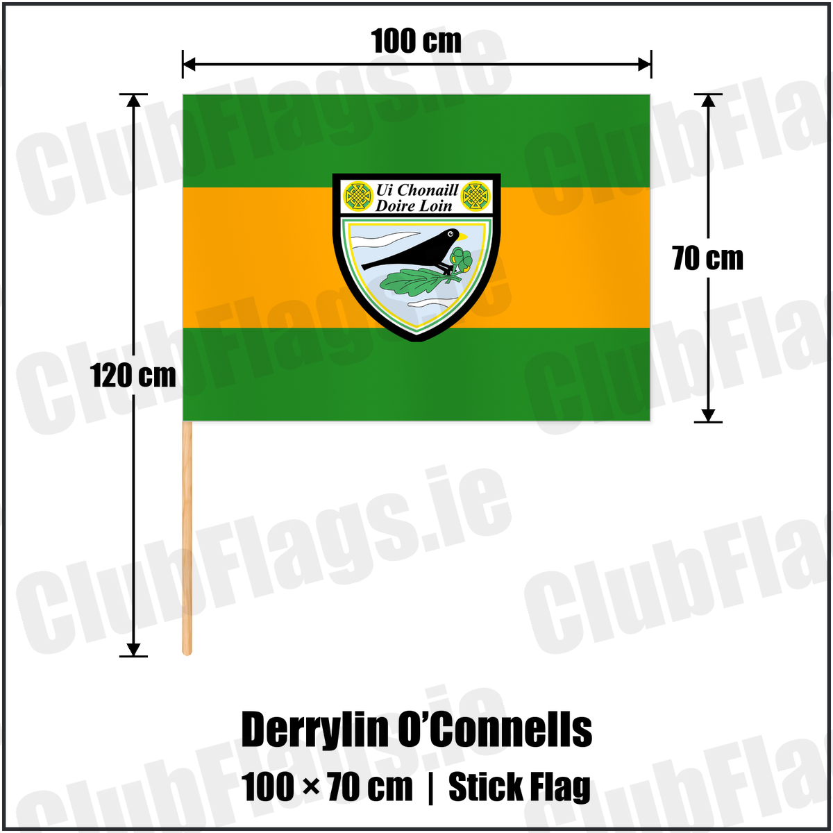 Derrylin O’Connells 70cm x 100cm Stick Flag with the club crest and colours, Fermanagh GAA - ClubFlags.ie