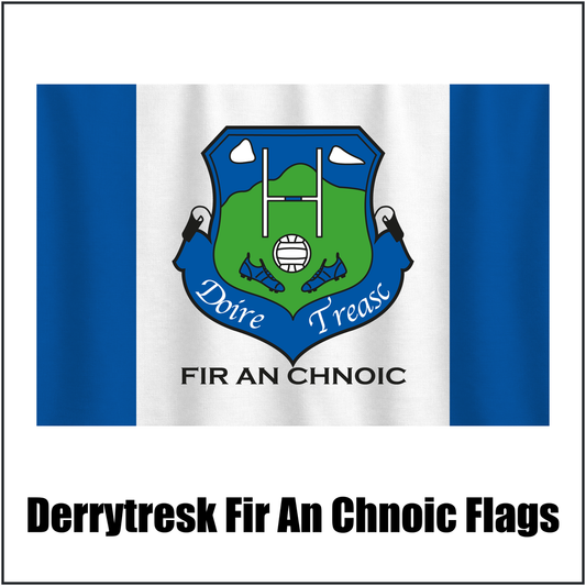 Derrytresk Fir An Chnoic Flags, featuring the club crest and royal blue and white colours; County Tyrone GAA. ClubFlags.ie.