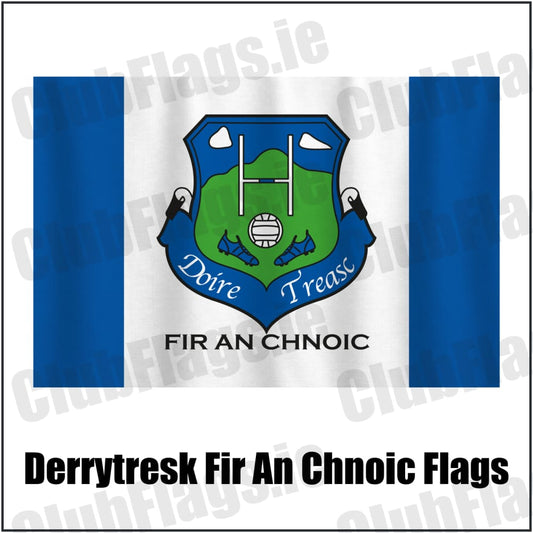 Derrytresk Fir An Chnoic Flags in royal blue and white, featuring the club crest on realistic fabric with gentle vertical folds; County Tyrone GAA. ClubFlags.ie.