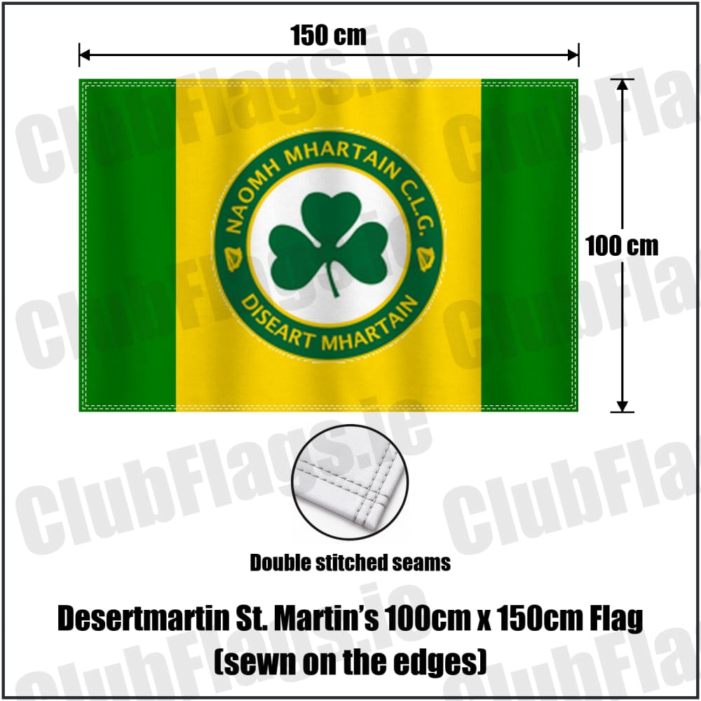 Desertmartin St. Martin’s 100cm x 150cm Flag (sewn on the edges) in yellow and green, featuring the club crest on realistic fabric with gentle vertical folds; County Derry GAA. ClubFlags.ie.