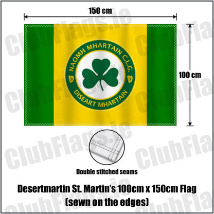 Desertmartin St. Martin’s 100cm x 150cm Flag (sewn on the edges) in yellow and green, featuring the club crest on realistic fabric with gentle vertical folds; County Derry GAA. ClubFlags.ie.