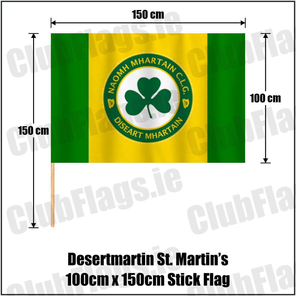 Desertmartin St. Martin’s 100cm x 150cm Stick Flag in yellow and green, featuring the club crest on realistic fabric with gentle vertical folds; County Derry GAA. ClubFlags.ie.