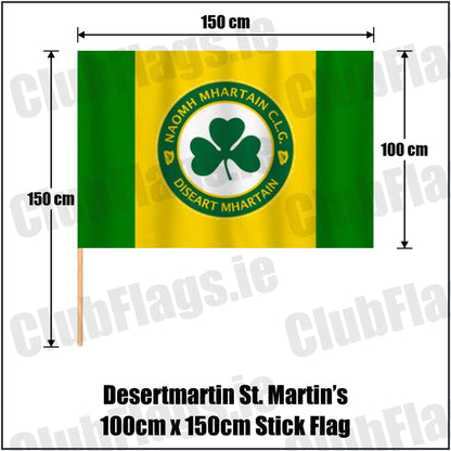 Desertmartin St. Martin’s 100cm x 150cm Stick Flag in yellow and green, featuring the club crest on realistic fabric with gentle vertical folds; County Derry GAA. ClubFlags.ie.