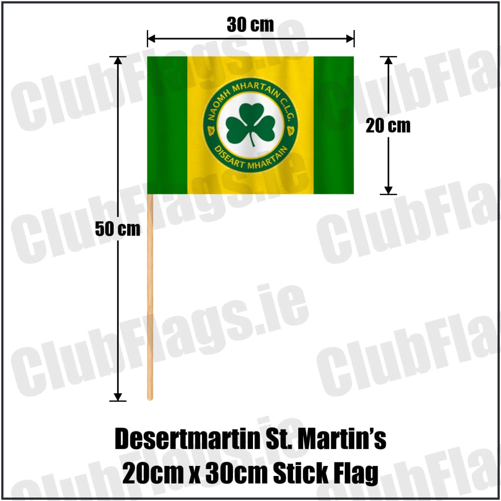 Desertmartin St. Martin’s 20cm x 30cm Stick Flag in yellow and green, featuring the club crest on realistic fabric with gentle vertical folds; County Derry GAA. ClubFlags.ie.