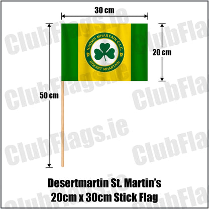 Desertmartin St. Martin’s 20cm x 30cm Stick Flag in yellow and green, featuring the club crest on realistic fabric with gentle vertical folds; County Derry GAA. ClubFlags.ie.