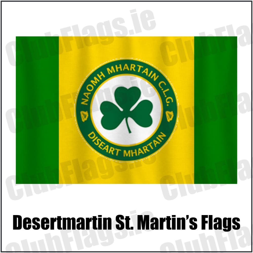 Desertmartin St. Martin’s Flags in yellow and green, featuring the club crest on realistic fabric with gentle vertical folds; County Derry GAA. ClubFlags.ie.