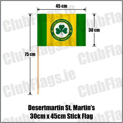 Desertmartin St. Martin’s 30cm x 45cm Stick Flag in yellow and green, featuring the club crest on realistic fabric with gentle vertical folds; County Derry GAA. ClubFlags.ie.