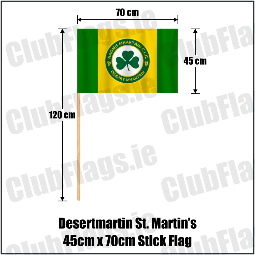 Desertmartin St. Martin’s 45cm x 70cm Stick Flag in yellow and green, featuring the club crest on realistic fabric with gentle vertical folds; County Derry GAA. ClubFlags.ie.