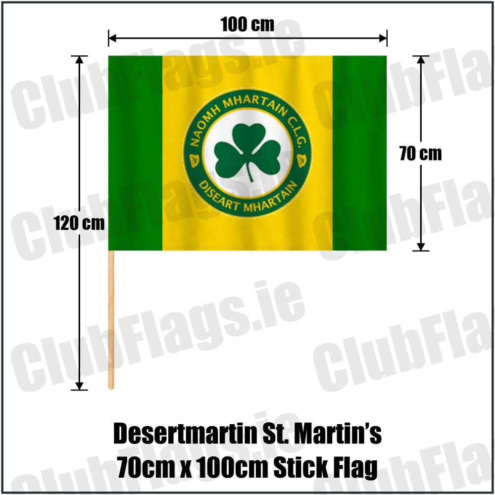 Desertmartin St. Martin’s 70cm x 100cm Stick Flag in yellow and green, featuring the club crest on realistic fabric with gentle vertical folds; County Derry GAA. ClubFlags.ie.