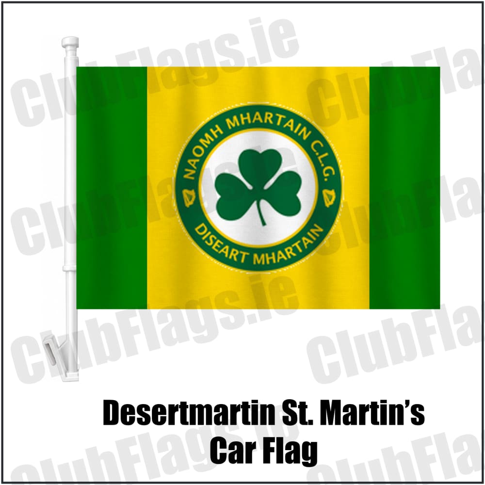 Desertmartin St. Martin’s Car Flag in yellow and green, featuring the club crest on realistic fabric with gentle vertical folds; County Derry GAA. ClubFlags.ie.