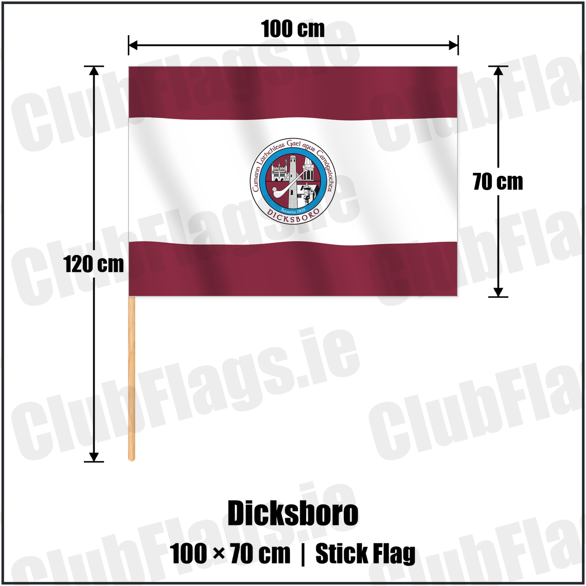 Dicksboro 70cm x 100cm Stick Flag with the club crest and colours, Kilkenny GAA - ClubFlags.ie