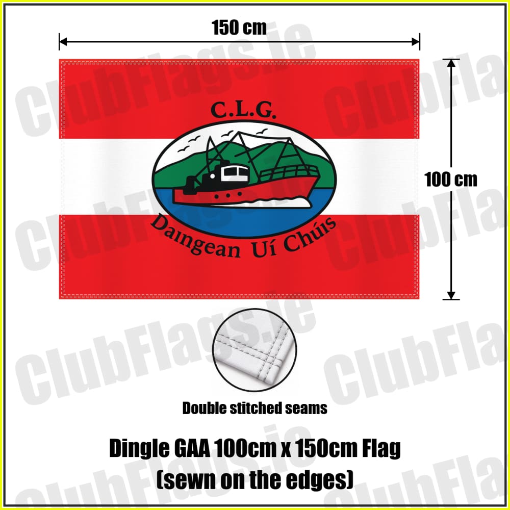 Dingle GAA, County Kerry, red and white boat-crest flag, 100 cm high by 150 cm wide, with double stitched edges.