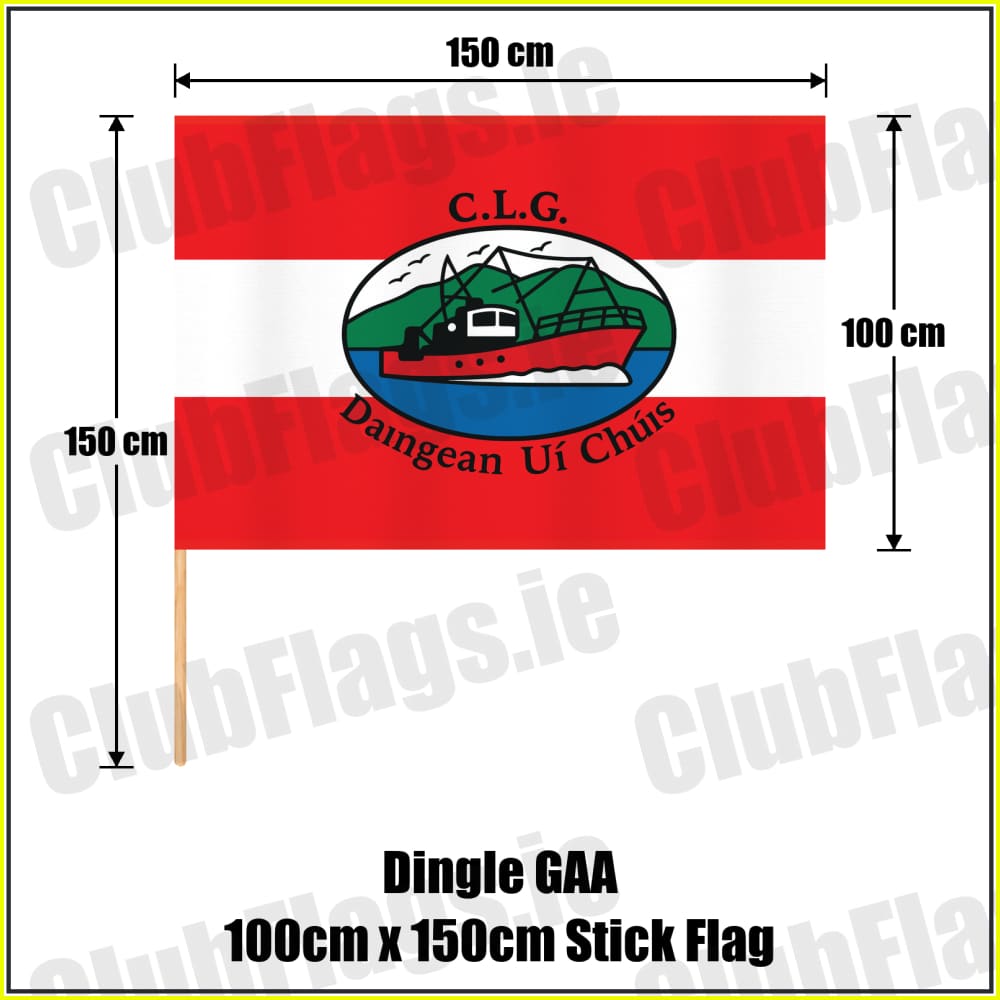 Dingle GAA, County Kerry, red and white boat-crest flag, 100 cm high by 150 cm wide, with wooden stick.