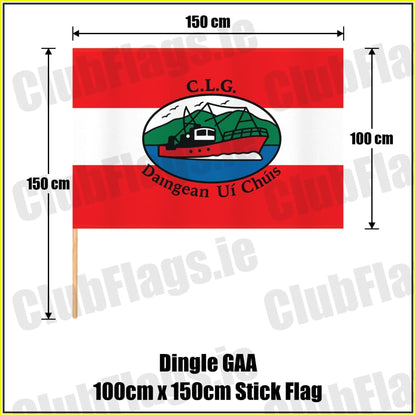 Dingle GAA, County Kerry, red and white boat-crest flag, 100 cm high by 150 cm wide, with wooden stick.