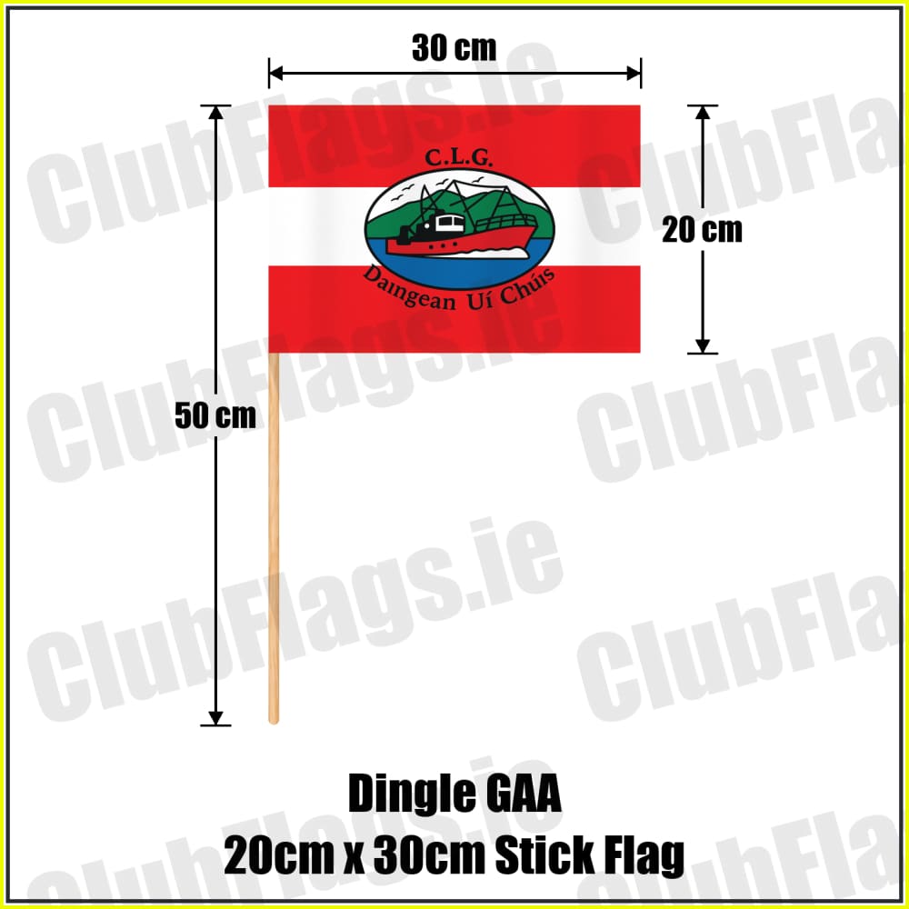 Dingle GAA, County Kerry, red and white boat-crest flag, 20 cm high by 30 cm wide, with wooden stick.