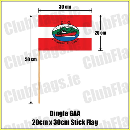 Dingle GAA, County Kerry, red and white boat-crest flag, 20 cm high by 30 cm wide, with wooden stick.