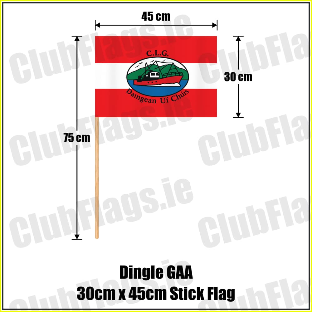 Dingle GAA, County Kerry, red and white boat-crest flag, 30 cm high by 45 cm wide, with wooden stick.