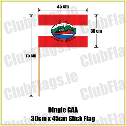 Dingle GAA, County Kerry, red and white boat-crest flag, 30 cm high by 45 cm wide, with wooden stick.
