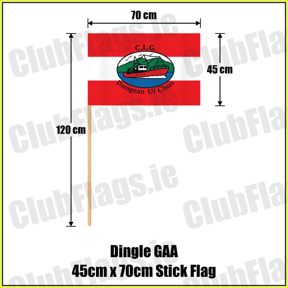 Dingle GAA, County Kerry, red and white boat-crest flag, 45 cm high by 70 cm wide, with wooden stick.