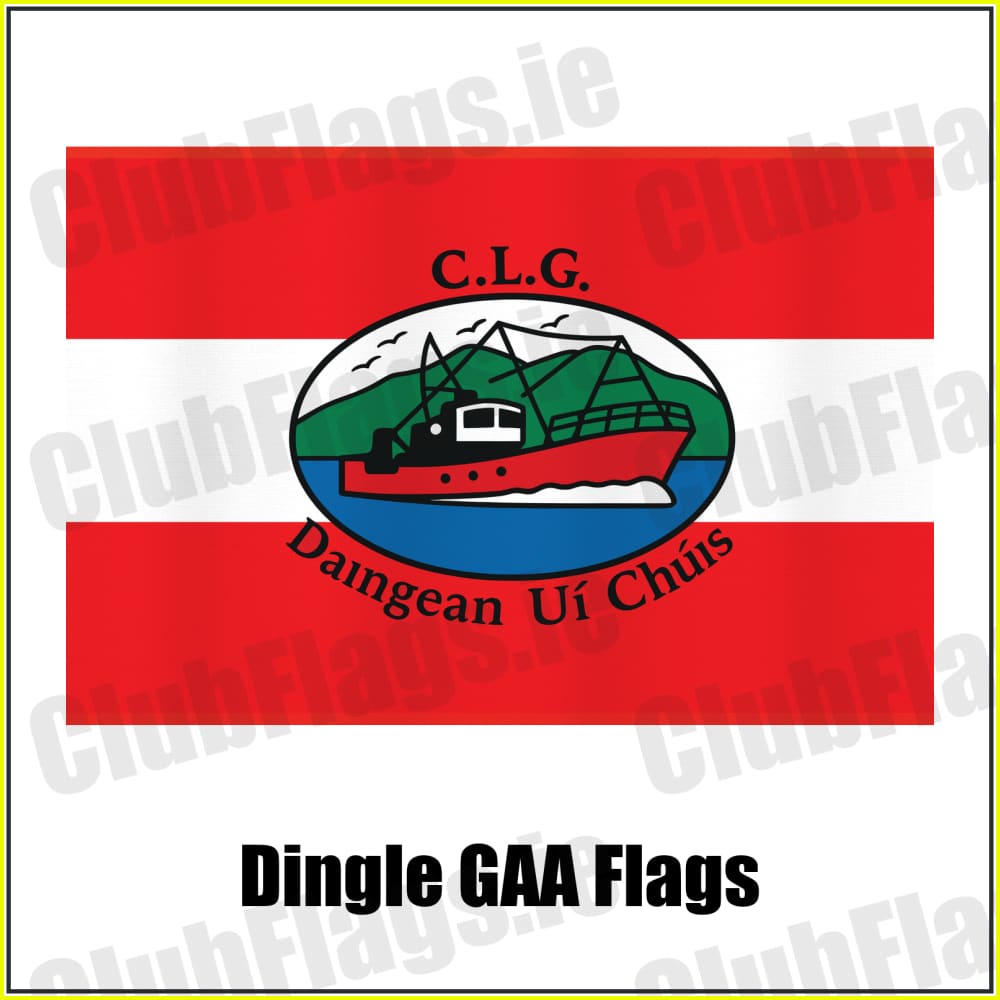 Dingle GAA red and white club flag with boat crest and Daingean Uí Chúis lettering, County Kerry.