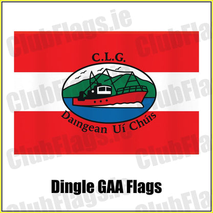 Dingle GAA red and white club flag with boat crest and Daingean Uí Chúis lettering, County Kerry.