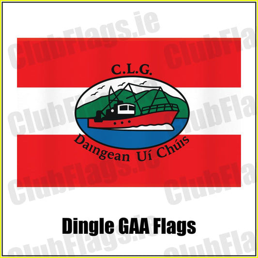 Dingle GAA red and white club flag with boat crest and Daingean Uí Chúis lettering, County Kerry.