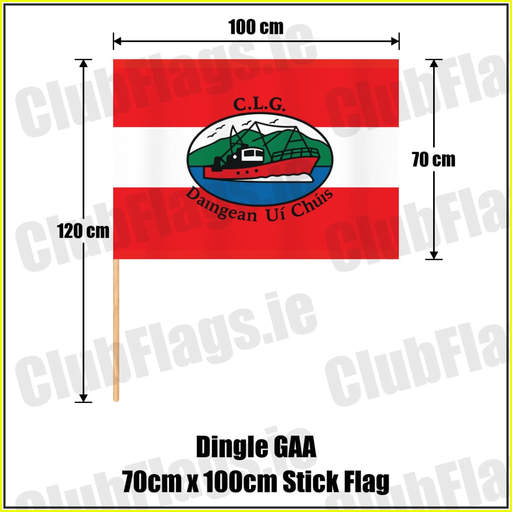 Dingle GAA, County Kerry, red and white boat-crest flag, 70 cm high by 100 cm wide, with wooden stick.