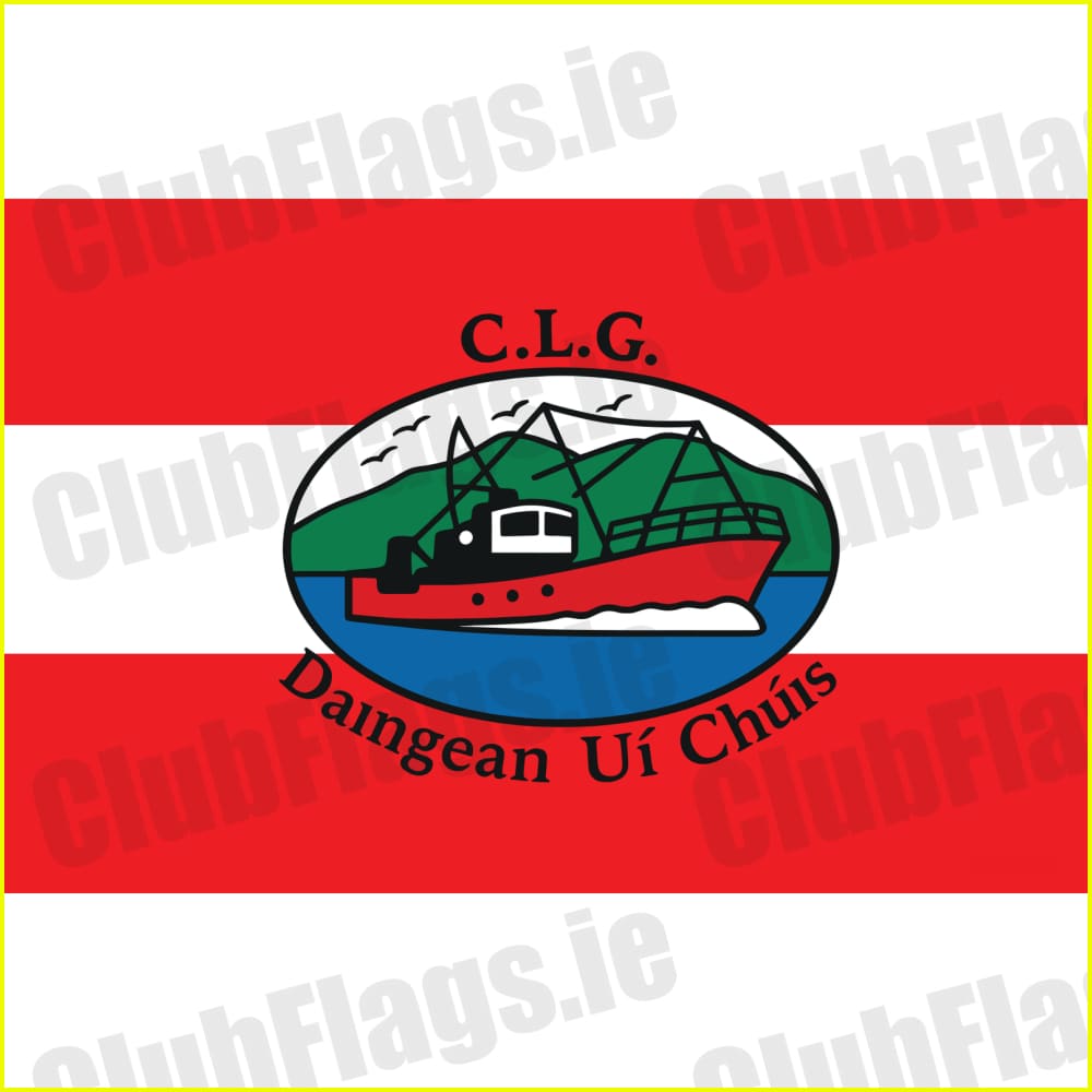 Clean Dingle GAA print artwork, County Kerry: red and white flag, boat crest, C.L.G. and Daingean Uí Chúis lettering.