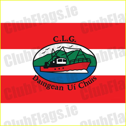 Clean Dingle GAA print artwork, County Kerry: red and white flag, boat crest, C.L.G. and Daingean Uí Chúis lettering.