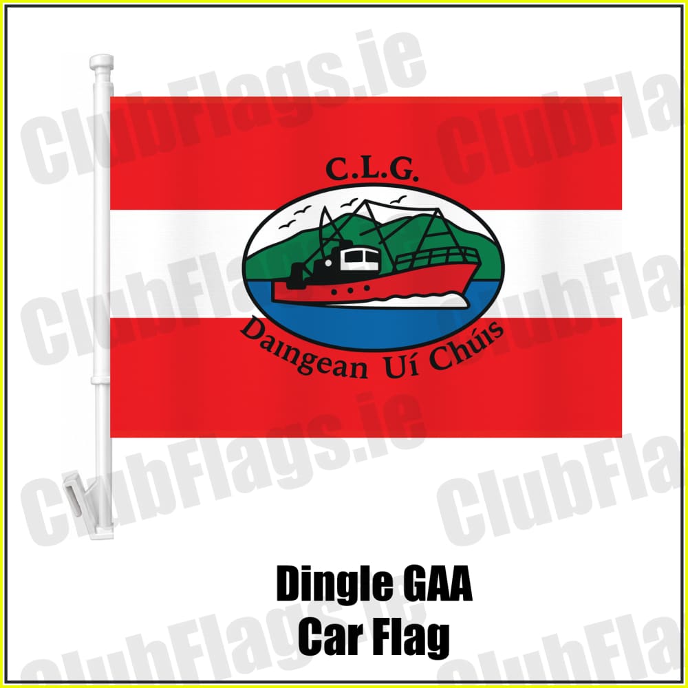 Dingle GAA, County Kerry, red and white boat-crest car flag with white plastic window mount.