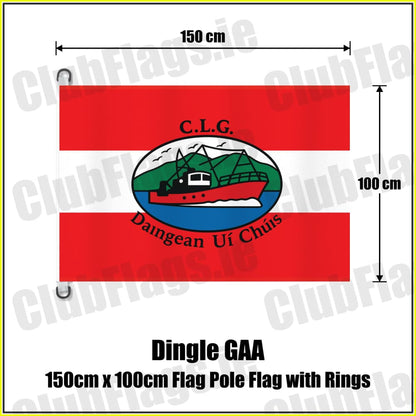Dingle GAA, County Kerry, red and white boat-crest flag, 150 cm wide by 100 cm high, with two D rings; pole not included.