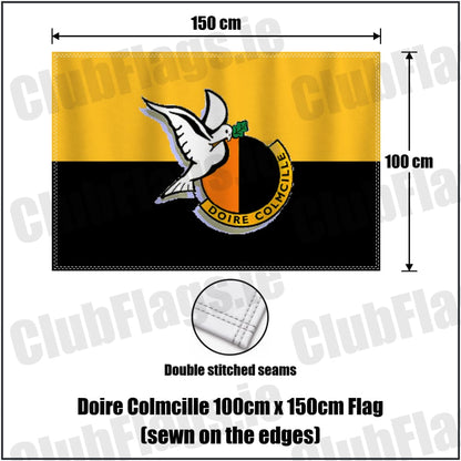 Doire Colmcille 100cm x 150cm Flag (sewn on the edges) in amber and black, featuring the club crest on realistic fabric with gentle vertical folds; County Derry GAA. ClubFlags.ie.
