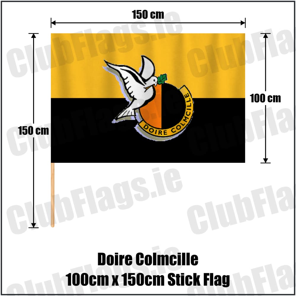 Doire Colmcille 100cm x 150cm Stick Flag in amber and black, featuring the club crest on realistic fabric with gentle vertical folds; County Derry GAA. ClubFlags.ie.
