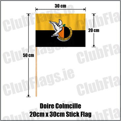 Doire Colmcille 20cm x 30cm Stick Flag in amber and black, featuring the club crest on realistic fabric with gentle vertical folds; County Derry GAA. ClubFlags.ie.
