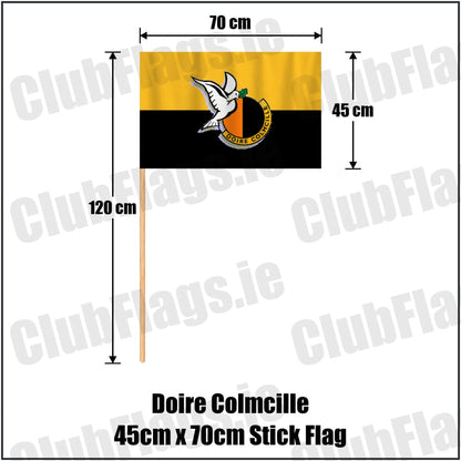 Doire Colmcille 45cm x 70cm Stick Flag in amber and black, featuring the club crest on realistic fabric with gentle vertical folds; County Derry GAA. ClubFlags.ie.