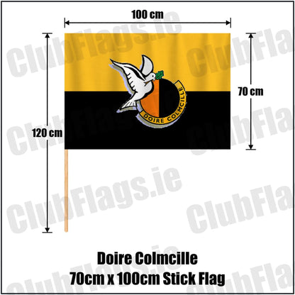 Doire Colmcille 70cm x 100cm Stick Flag in amber and black, featuring the club crest on realistic fabric with gentle vertical folds; County Derry GAA. ClubFlags.ie.