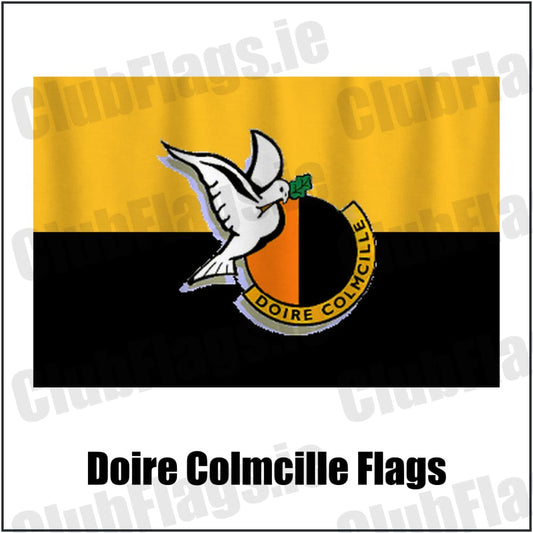 Doire Colmcille Flags in amber and black, featuring the club crest on realistic fabric with gentle vertical folds; County Derry GAA. ClubFlags.ie.