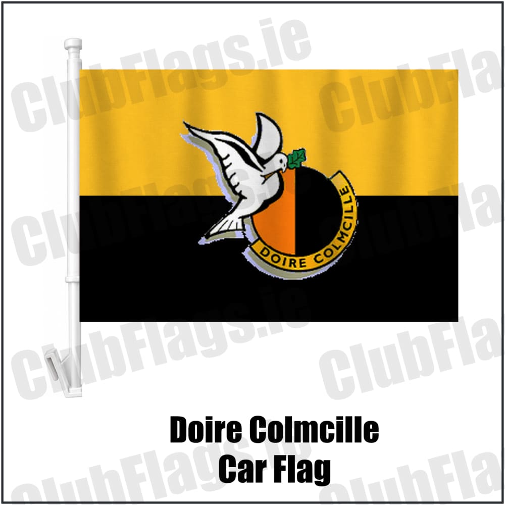Doire Colmcille Car Flag in amber and black, featuring the club crest on realistic fabric with gentle vertical folds; County Derry GAA. ClubFlags.ie.